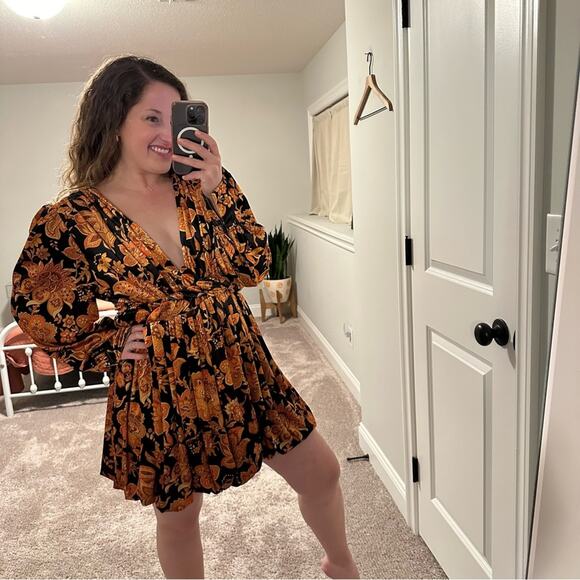 NWT DODO BAR OR Velvet Orange Black Floral Long Sleeve Mini Dress 44 8 - Picture 2 of 11